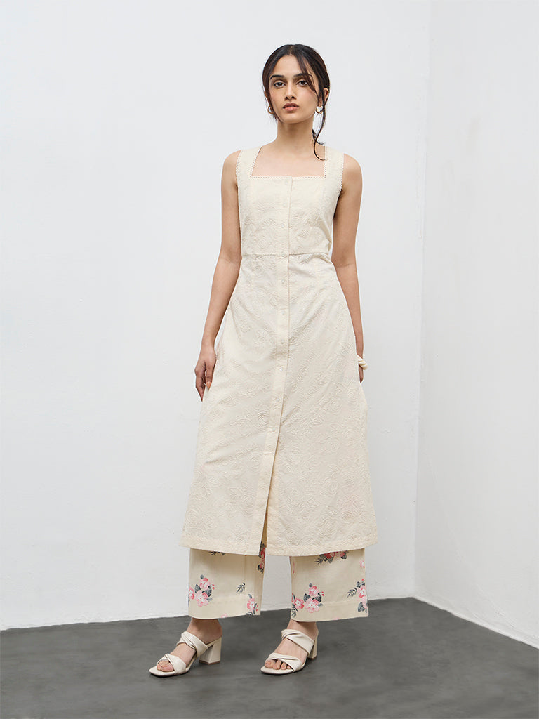 Utsa Cream Floral Embroidered A-Line Cotton Kurta