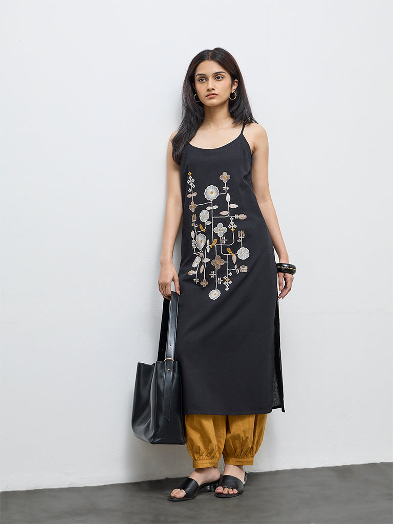 Utsa Black Floral Embroidered Cotton-Blend A-Line Kurta