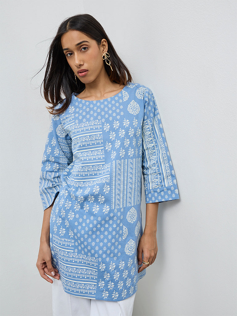 Utsa Blue Printed Cotton-Blend Straight Kurta