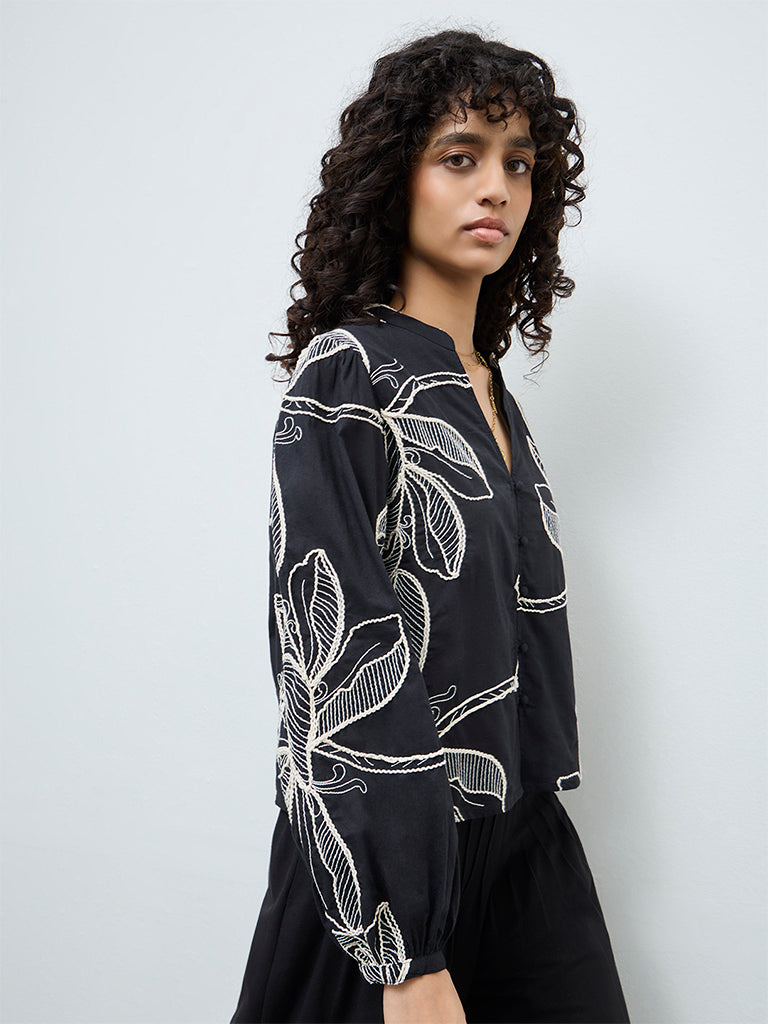 LOV Black Foliage Embroidered Cotton Blouse