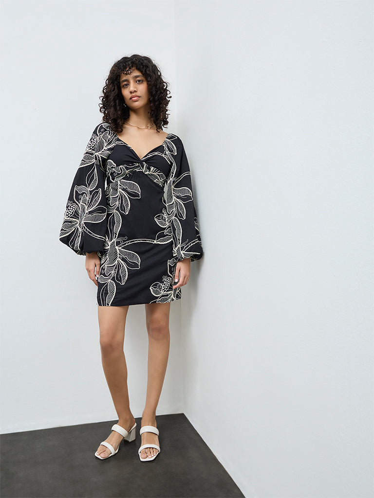 LOV Black Floral Embroidered Cotton A-Line Dress