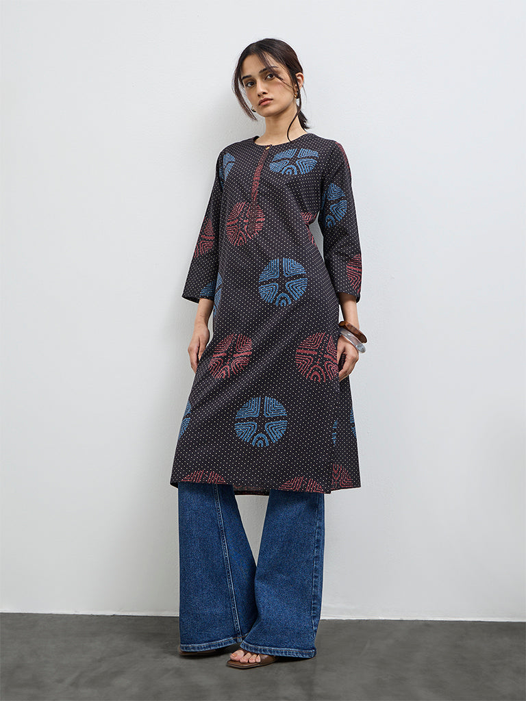 Utsa Black Badla Printed Cotton Straight Kurta