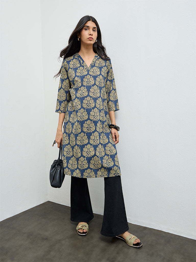 Utsa Indigo Butta Leaf Cotton Straight Kurta