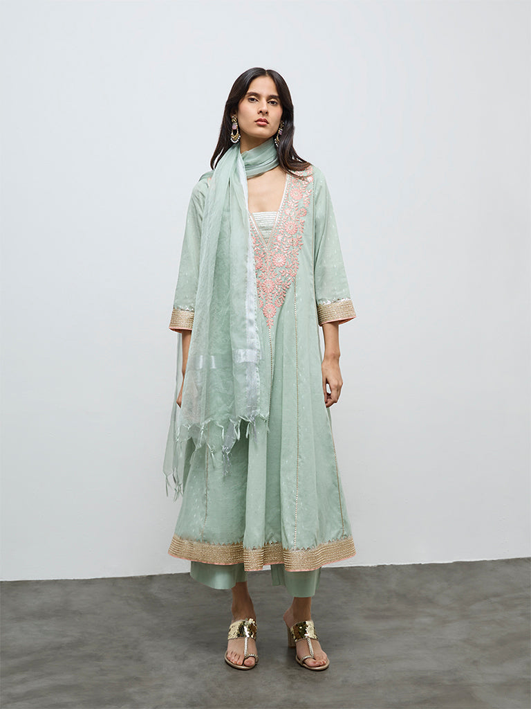 Vark Mint Floral Embroidered Cotton-Blend A-Line Ethnic Set