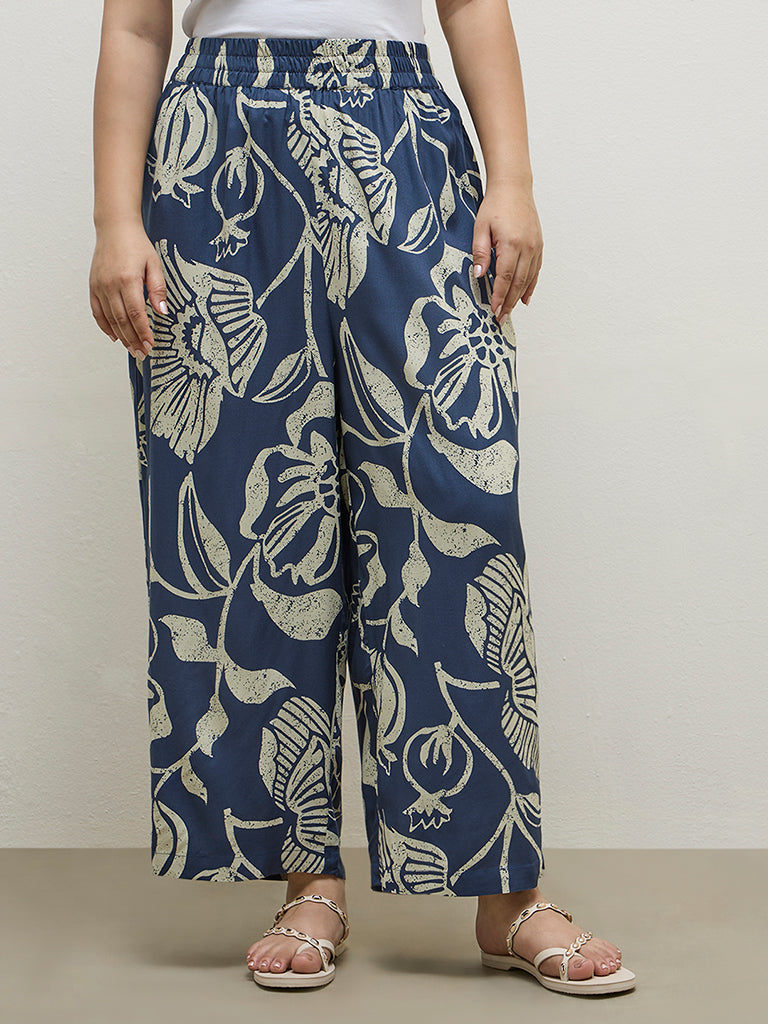 Diza Blue Botanical Printed Palazzos