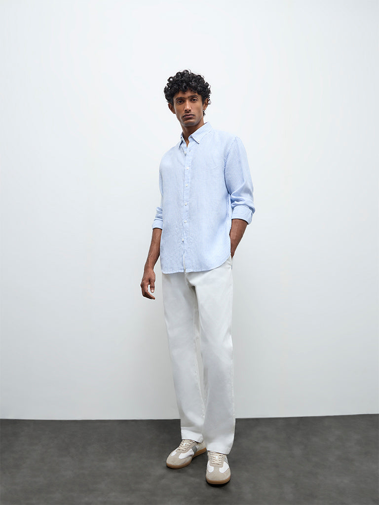 Ascot Light Blue Striped Relaxed-Fit Linen Shirt