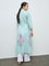 Diza Turquoise Floral Printed Cotton A-Line Kurta