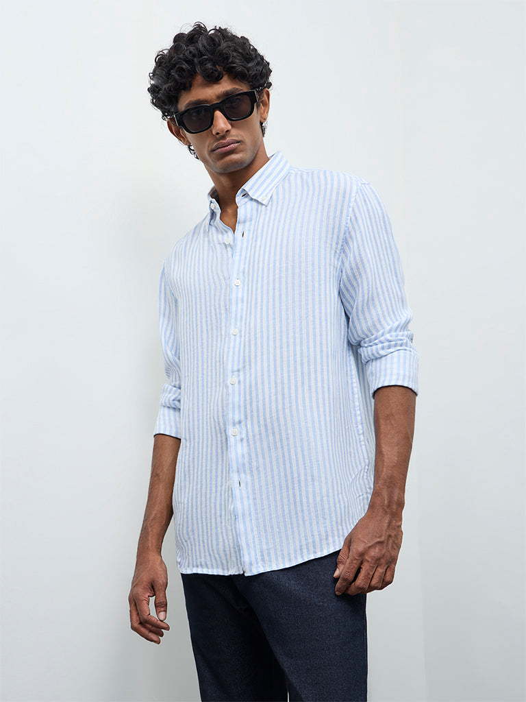 Ascot Light Blue Striped Relaxed-Fit Linen Shirt