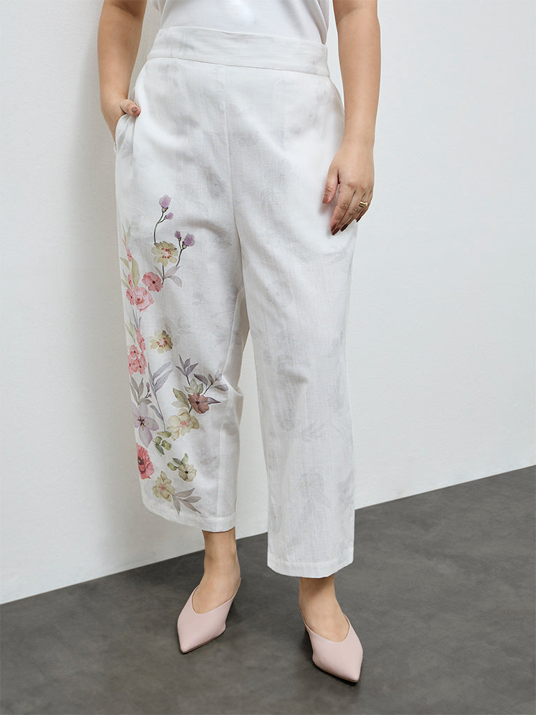 Diza White Floral Design Cotton-Blend Pants