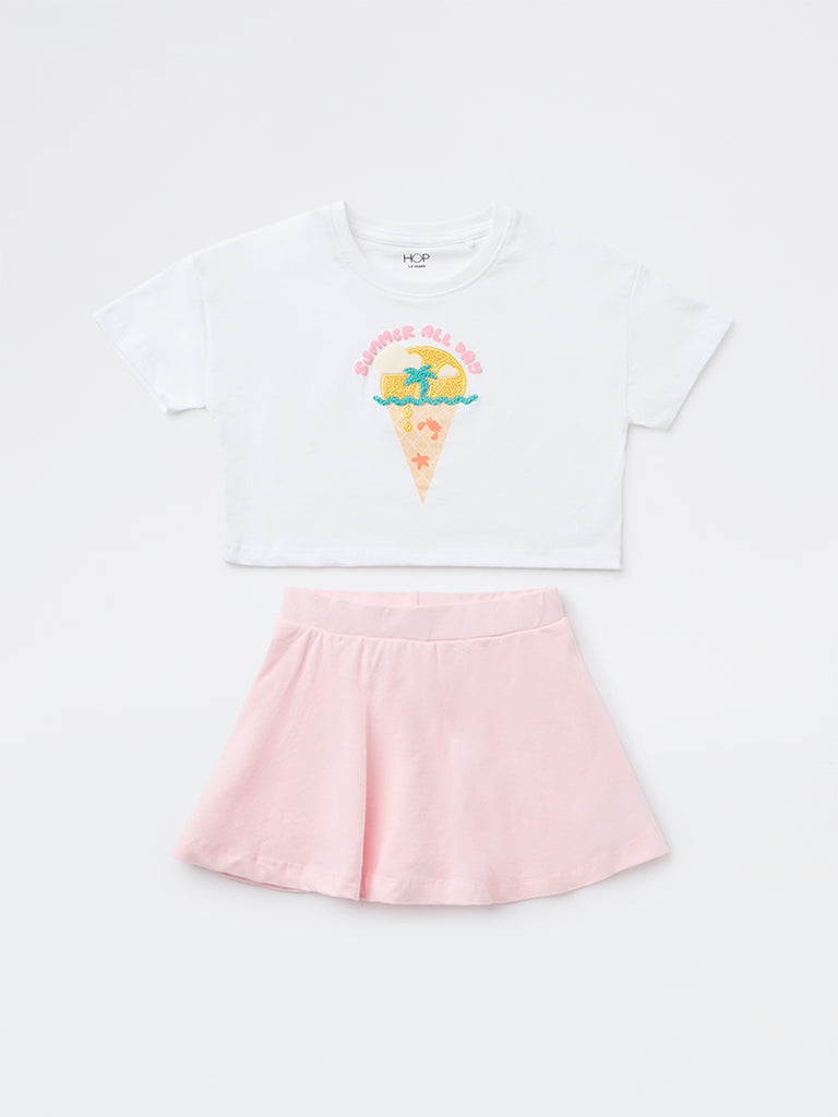 HOP Kids Girls White Embroidered Cotton T-Shirt and Skirt Set
