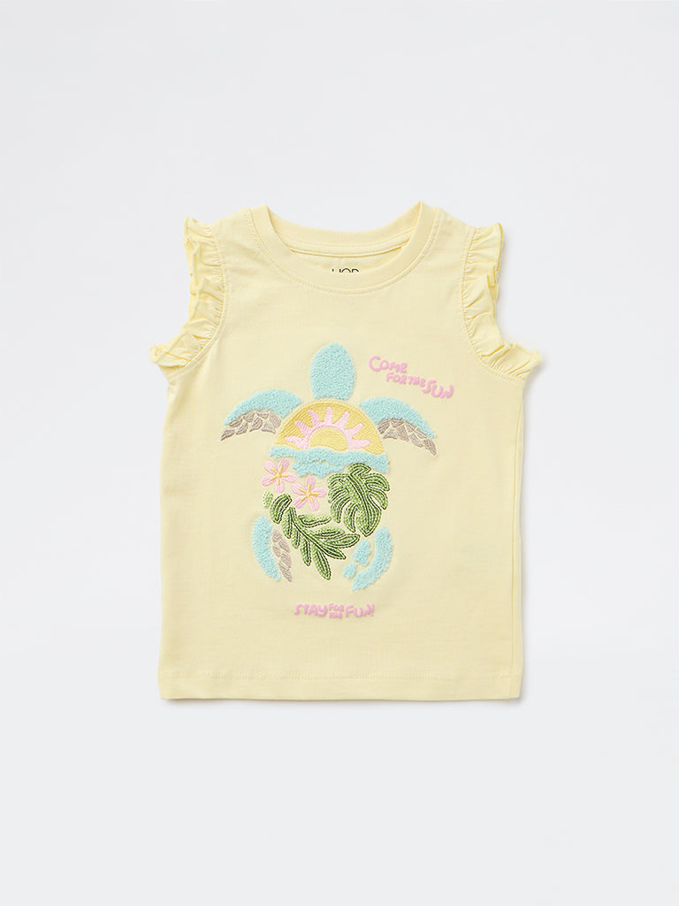 HOP Kids Girls Yellow Embroidered Cotton Top