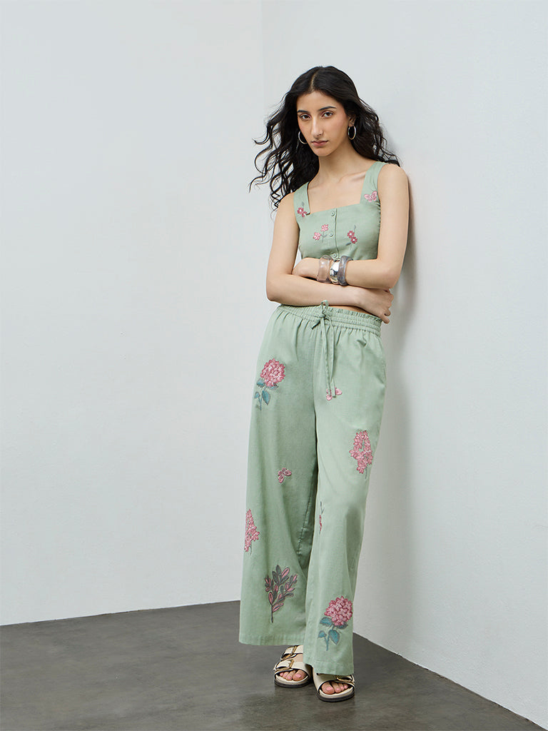 Bombay Paisley Sage Floral Embroidered Cotton-Blend Palazzos