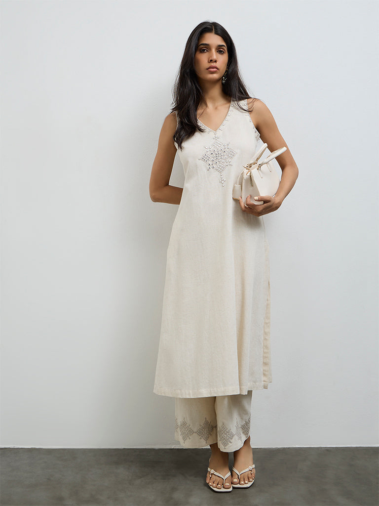 Utsa Off-White Embroidered Cotton-Blend A-Line Kurta