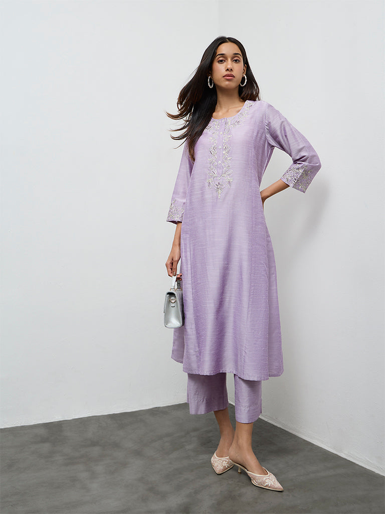 Utsa Lilac Floral Embroidered A-Line Kurta