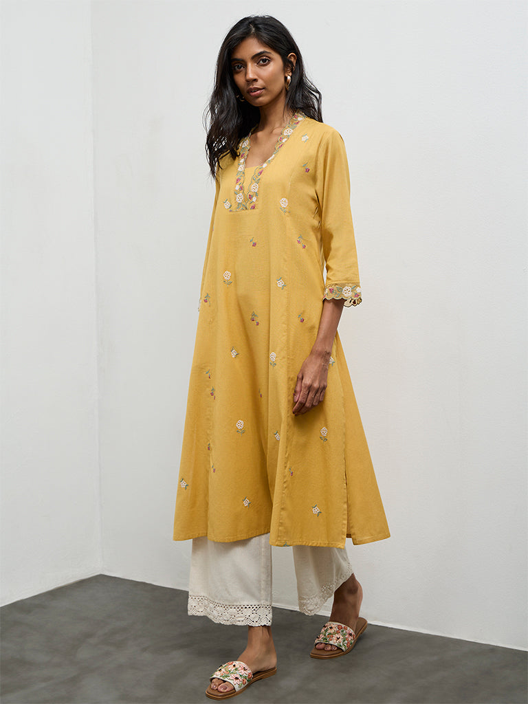 Utsa Mustard Floral Embroidered Cotton-Blend A-Line Kurta