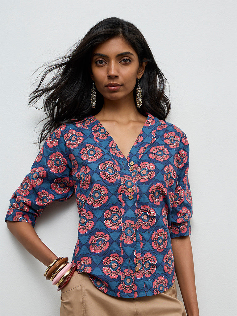 Utsa Indigo Floral Printed Cotton Tunic