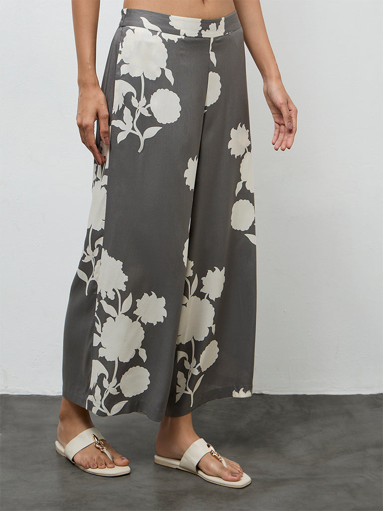 Utsa Grey Floral Pattern Palazzos