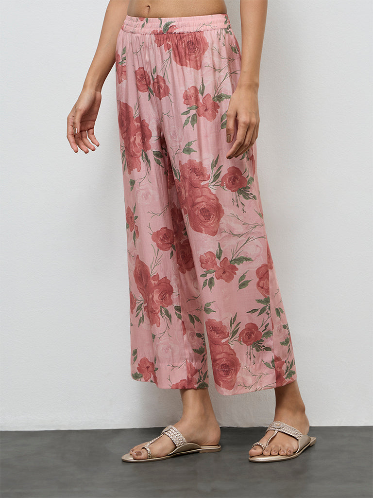 Utsa Dusty Pink Botanical Design Ethnic Pants
