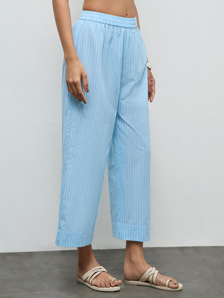 Utsa Blue Striped Cotton Pants