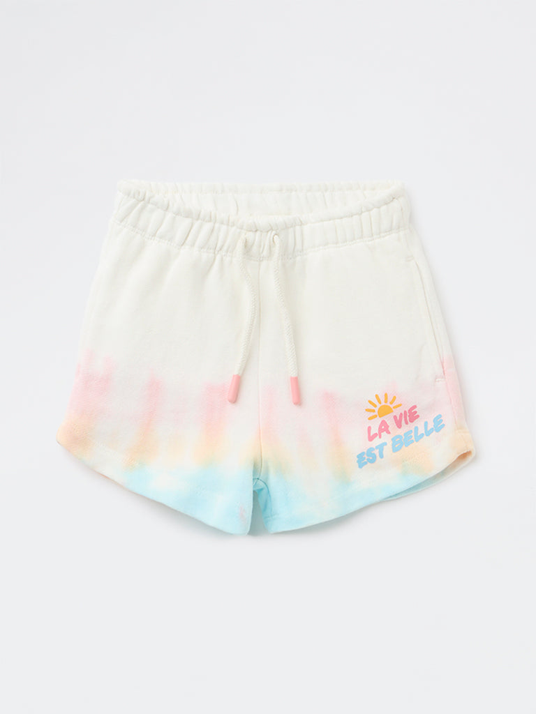 HOP Kids Girls Off-White Tie-Dye Pattern High-Rise Cotton Shorts