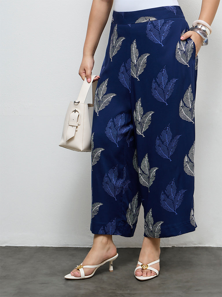 Diza Indigo Foliage Printed Ethnic Pants