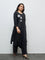 Diza Black Floral Embroidered Linen A-Line Kurta