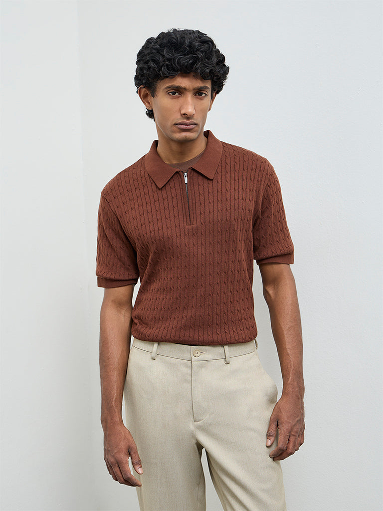 Ascot Rust Cable-Knit Relaxed-Fit Quarter-Zip Cotton Polo T-Shirt