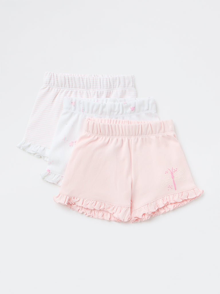HOP Baby Girls Pink Printed Cotton Shorts - Pack of 3