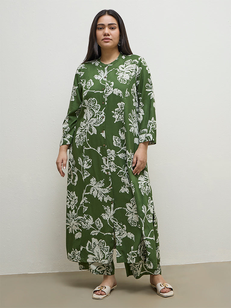 Diza Green Floral Pattern A-Line Kurta