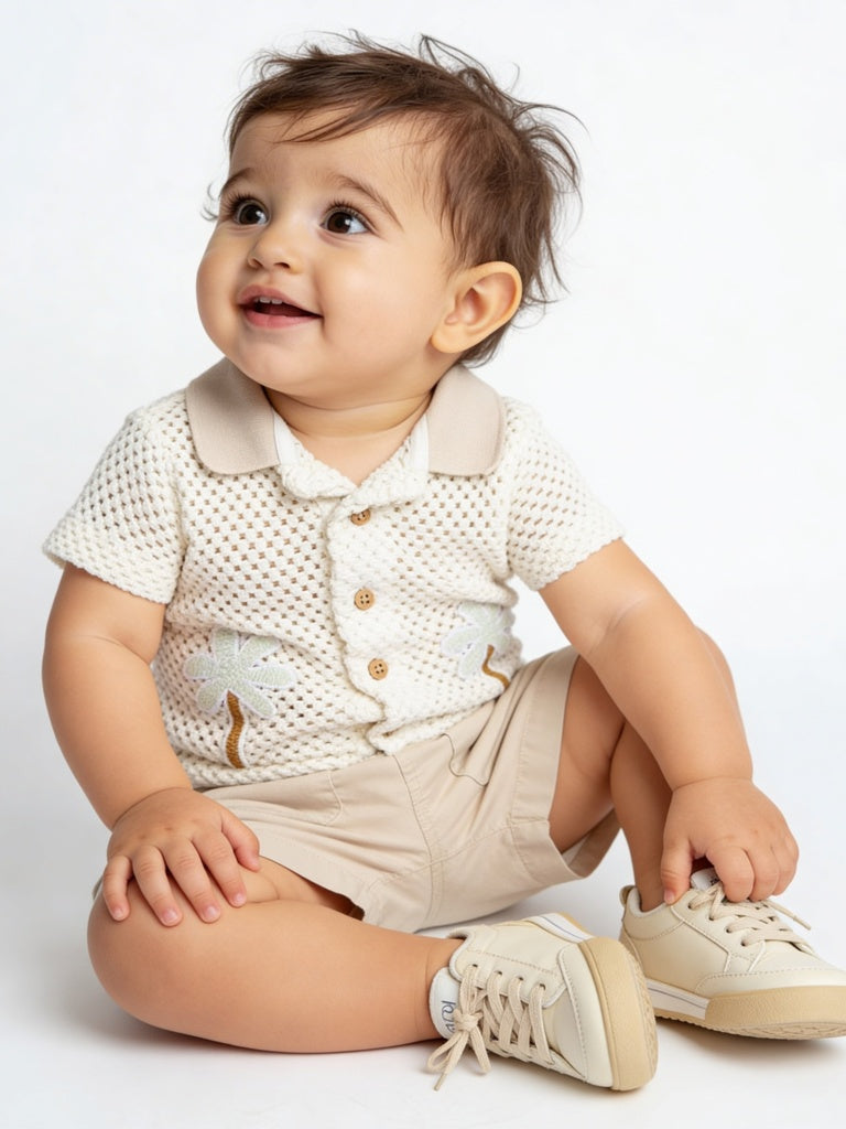 HOP Baby Boys White Crochet-Knit Cotton Shirt and Shorts Set