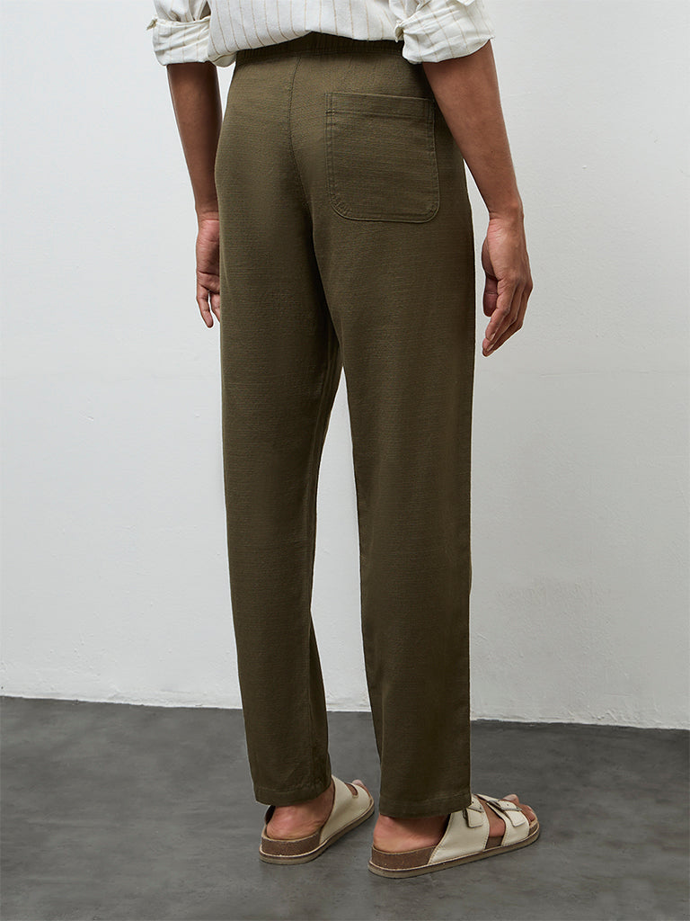 ETA Olive Textured Relaxed-Fit Mid-Rise Cotton Trousers