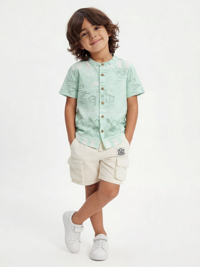 HOP Kids Boys Sea Green Printed Cotton Shirt