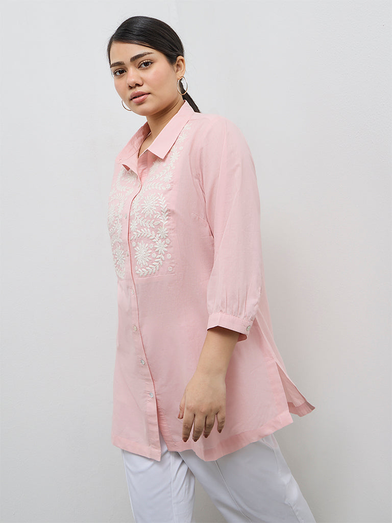 Diza Pink Botanical Embroidered Cotton Tunic