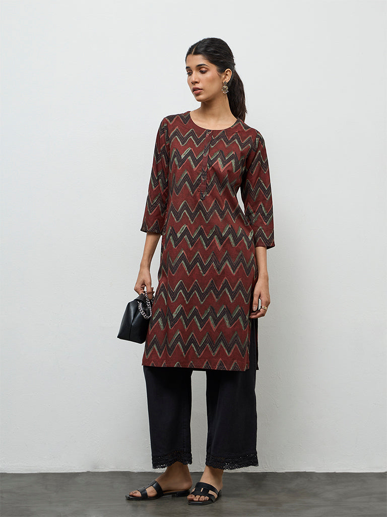 Utsa Maroon Chevron Printed Cotton Straight Kurta