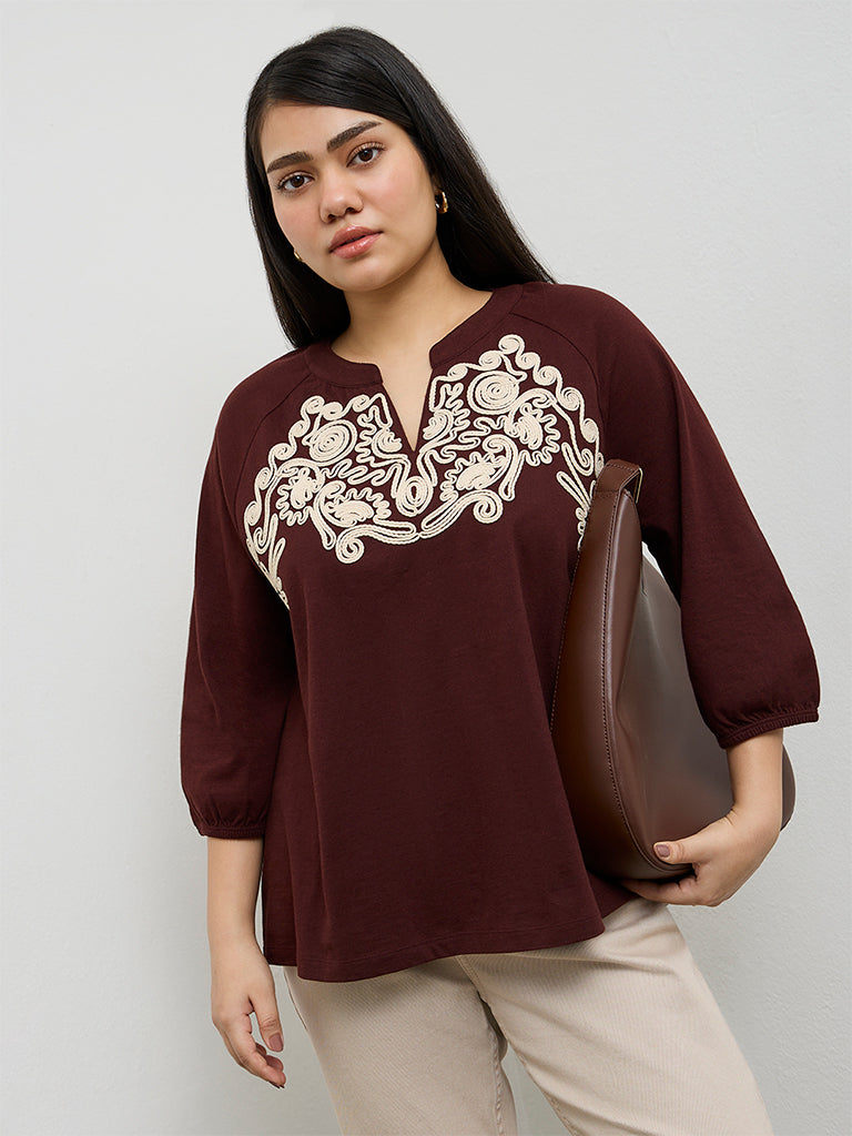 Gia Brown Embroidered Cotton Blouse