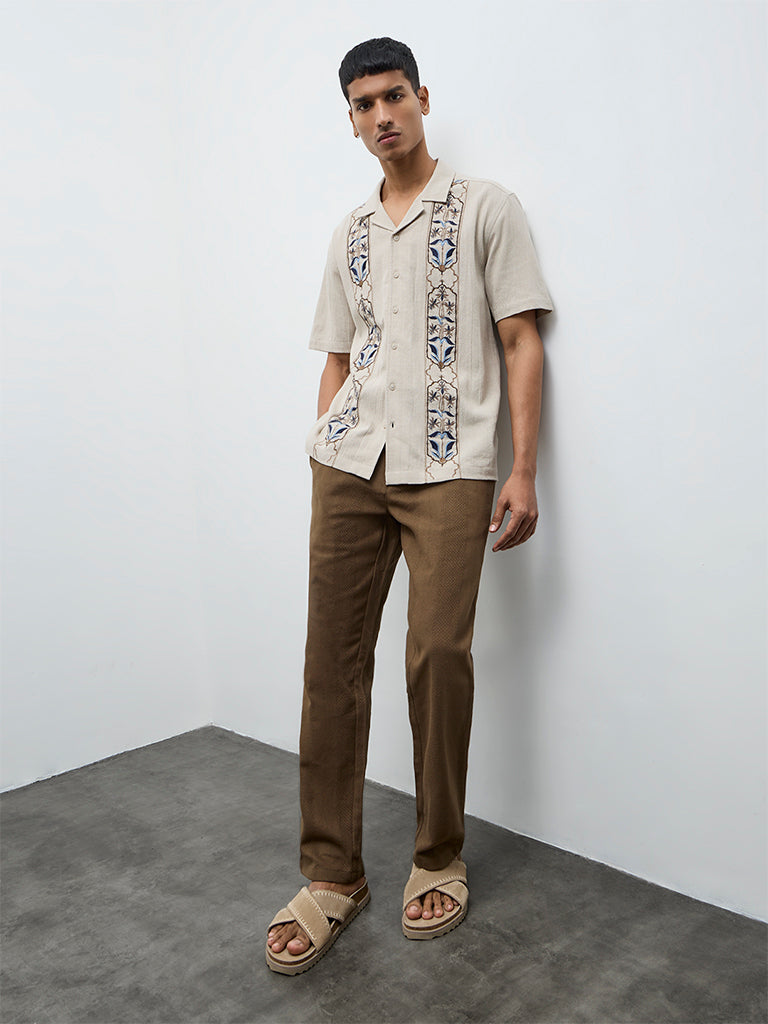 ETA Taupe Floral Embroidered Relaxed-Fit Cotton Shirt