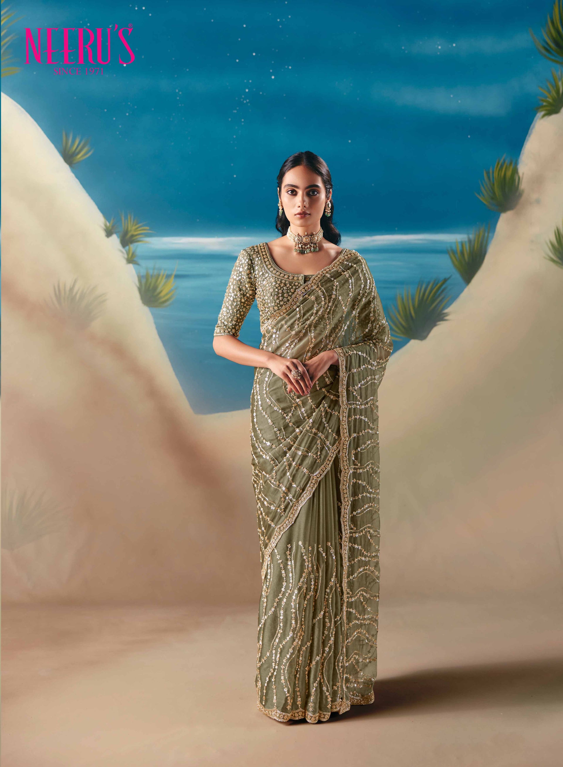 Mehadi Green Tissue Saree With Heavy Hand Embroidery Work