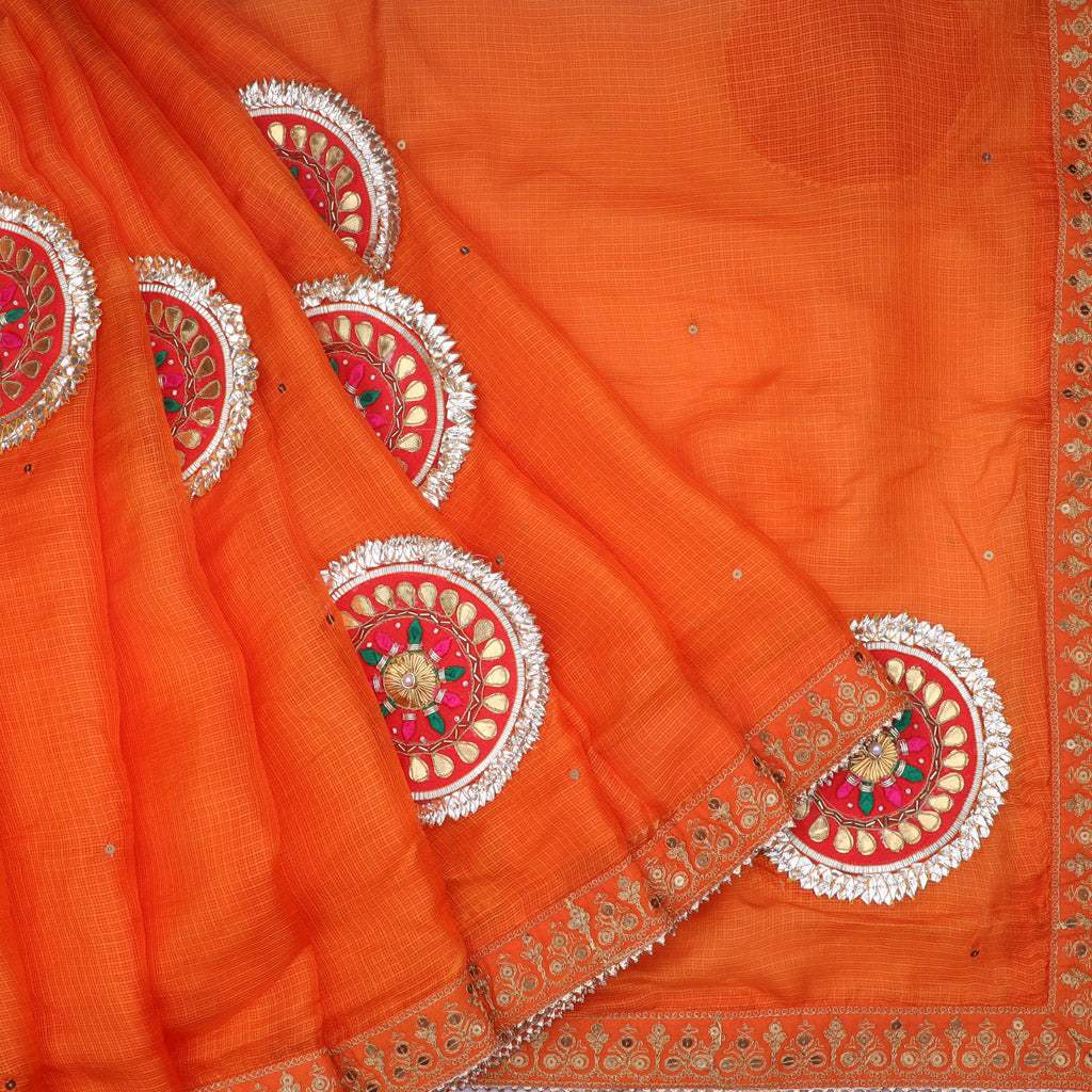 Bright Orange Embroidery Silk Kota Saree