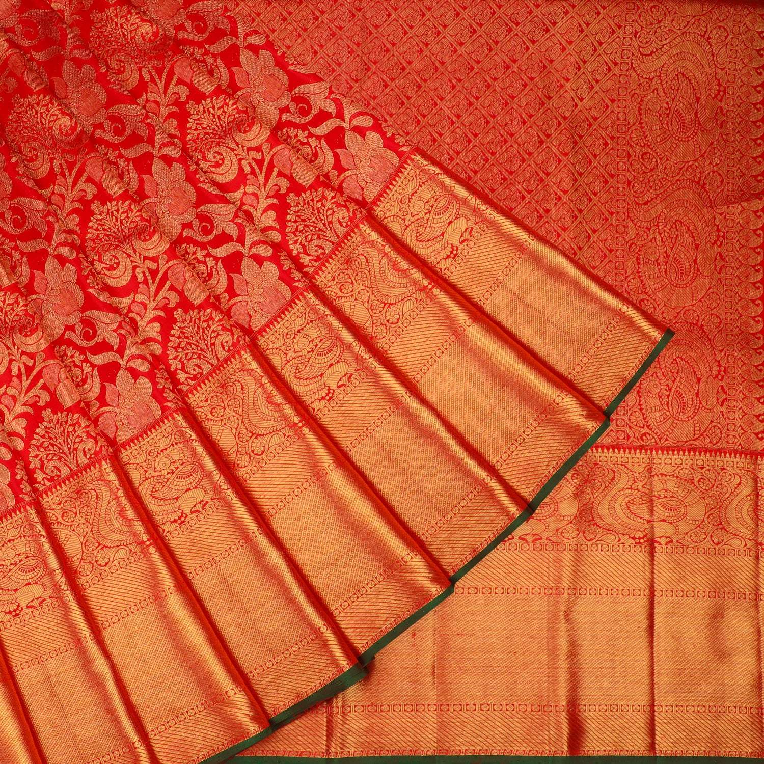 Bright Red Kanjivaram Silk Saree With Floral Motif Pattern