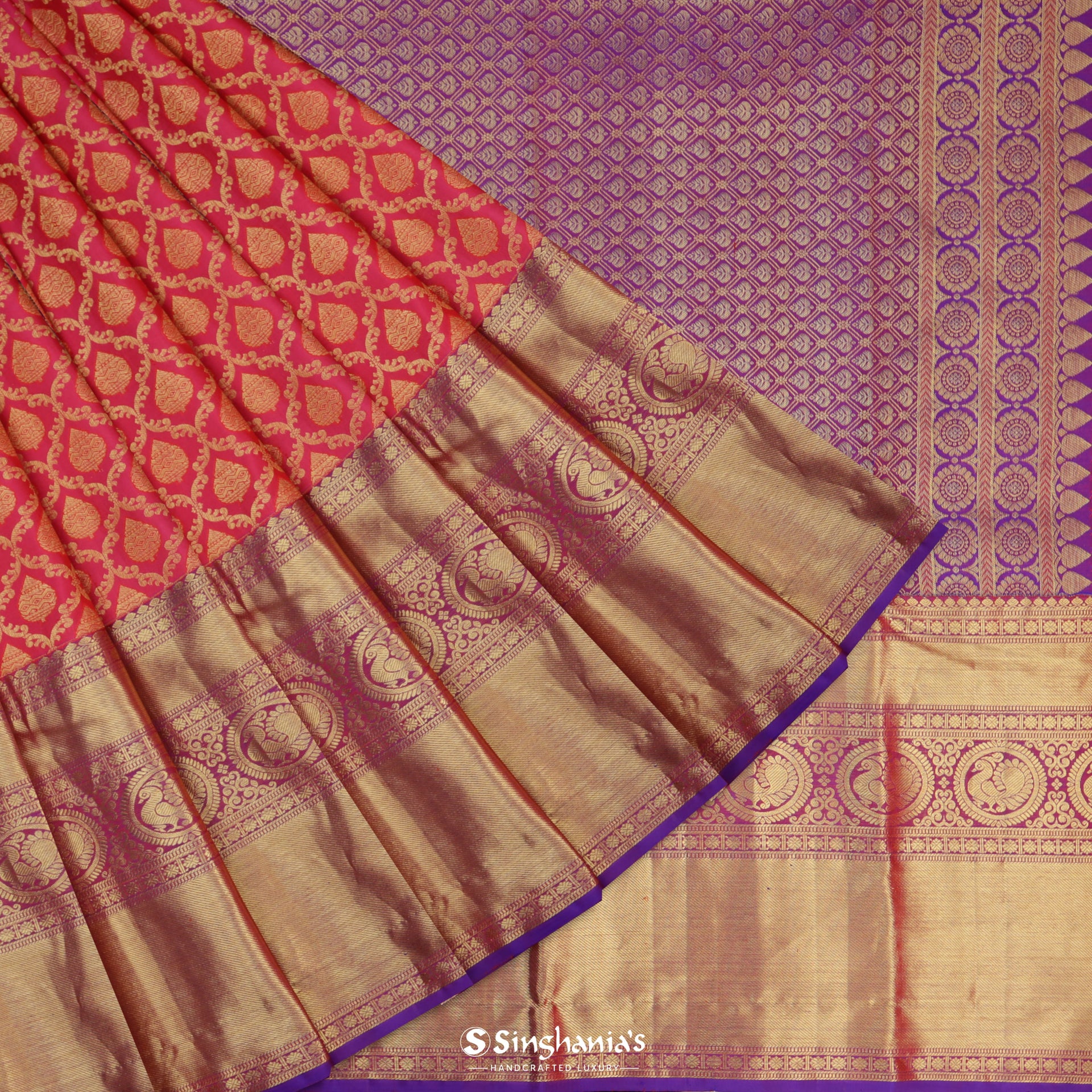 Amaranth Red Silk Kanjivaram Handloom Saree With Jaal Design