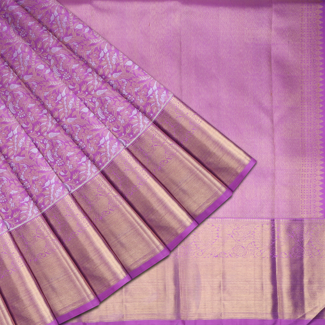 Dark Mauve Kanjivaram Silk Saree With Floral And Bird Pattern