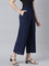 Women Solid Navy Mid Rise Linen Wide Pant