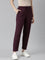 Women Solid Dark Wine Mid Rise Casual Rib Pants