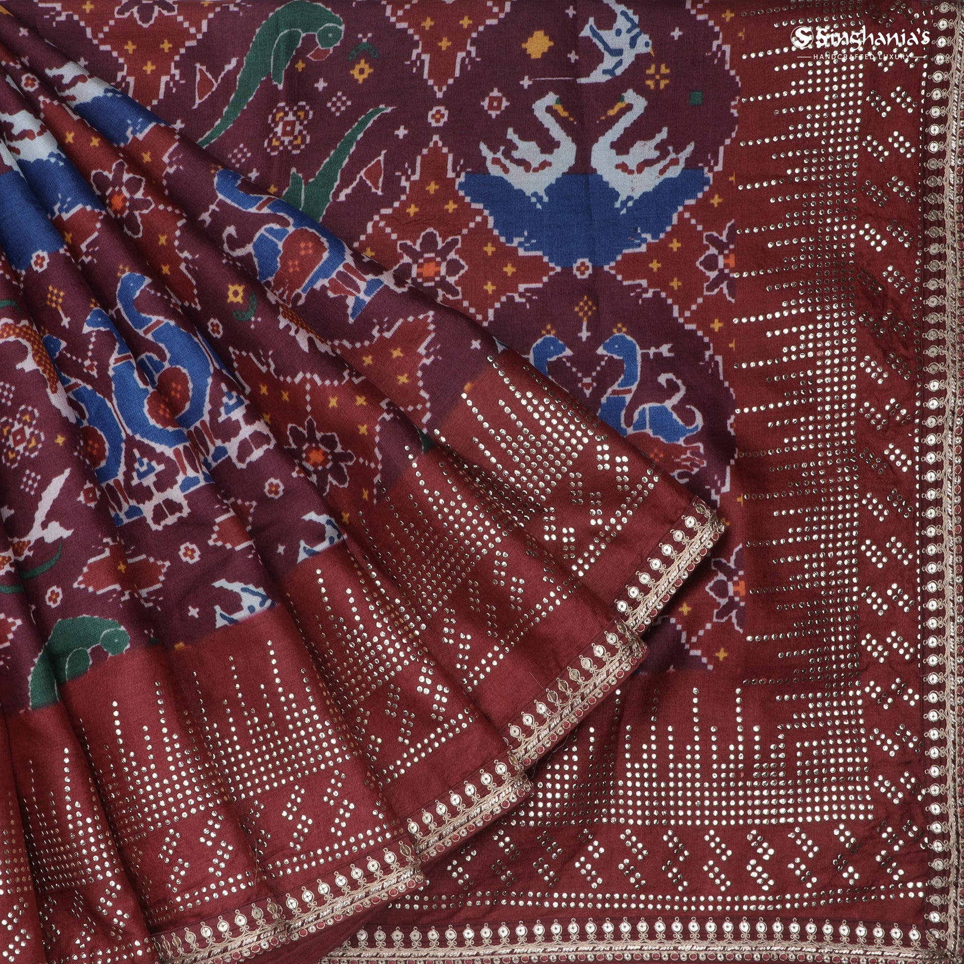 Dark Maroon Printed Tussar Saree With Sequin Embroidery