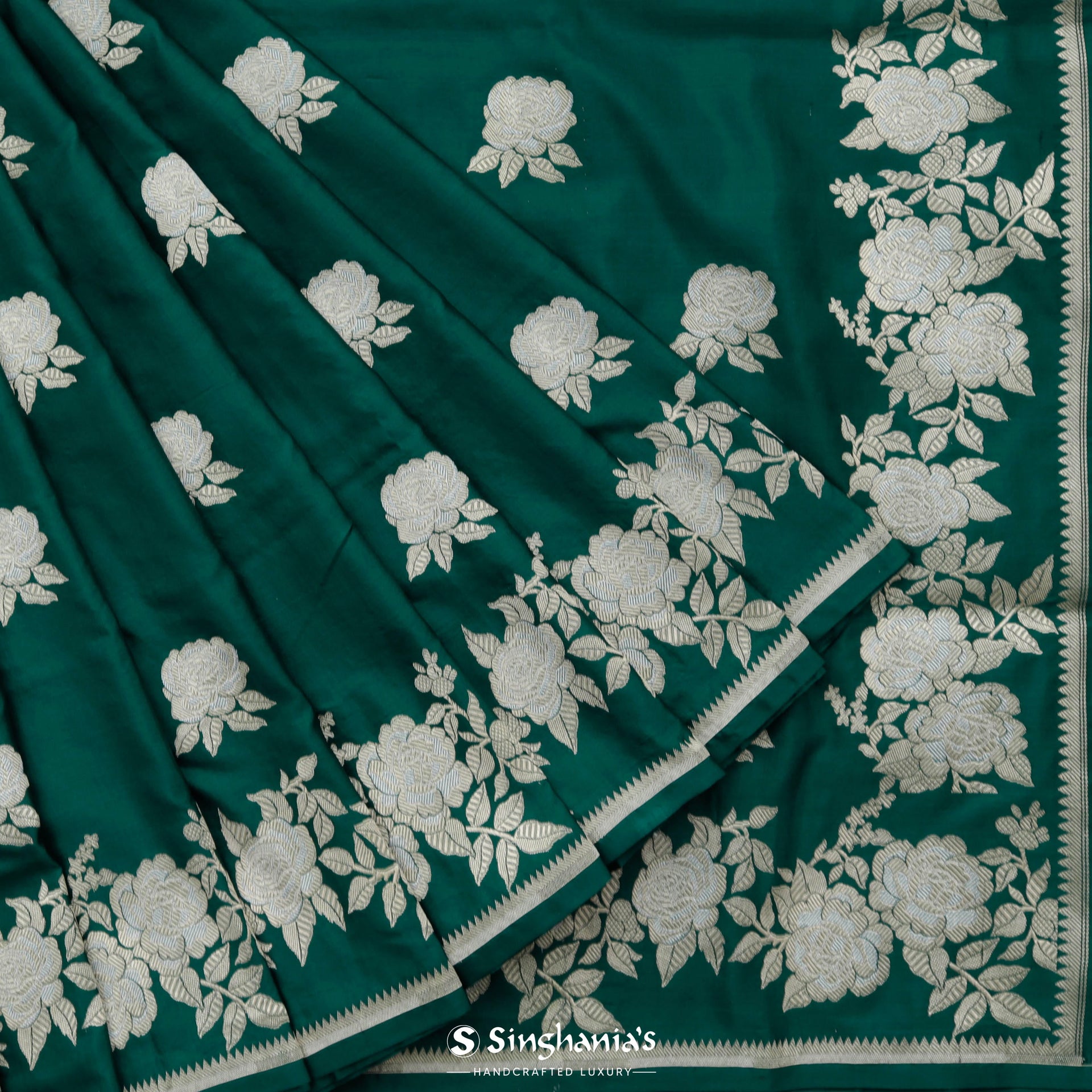 Bottle Green Banarasi Satin Saree With Floral Weaving