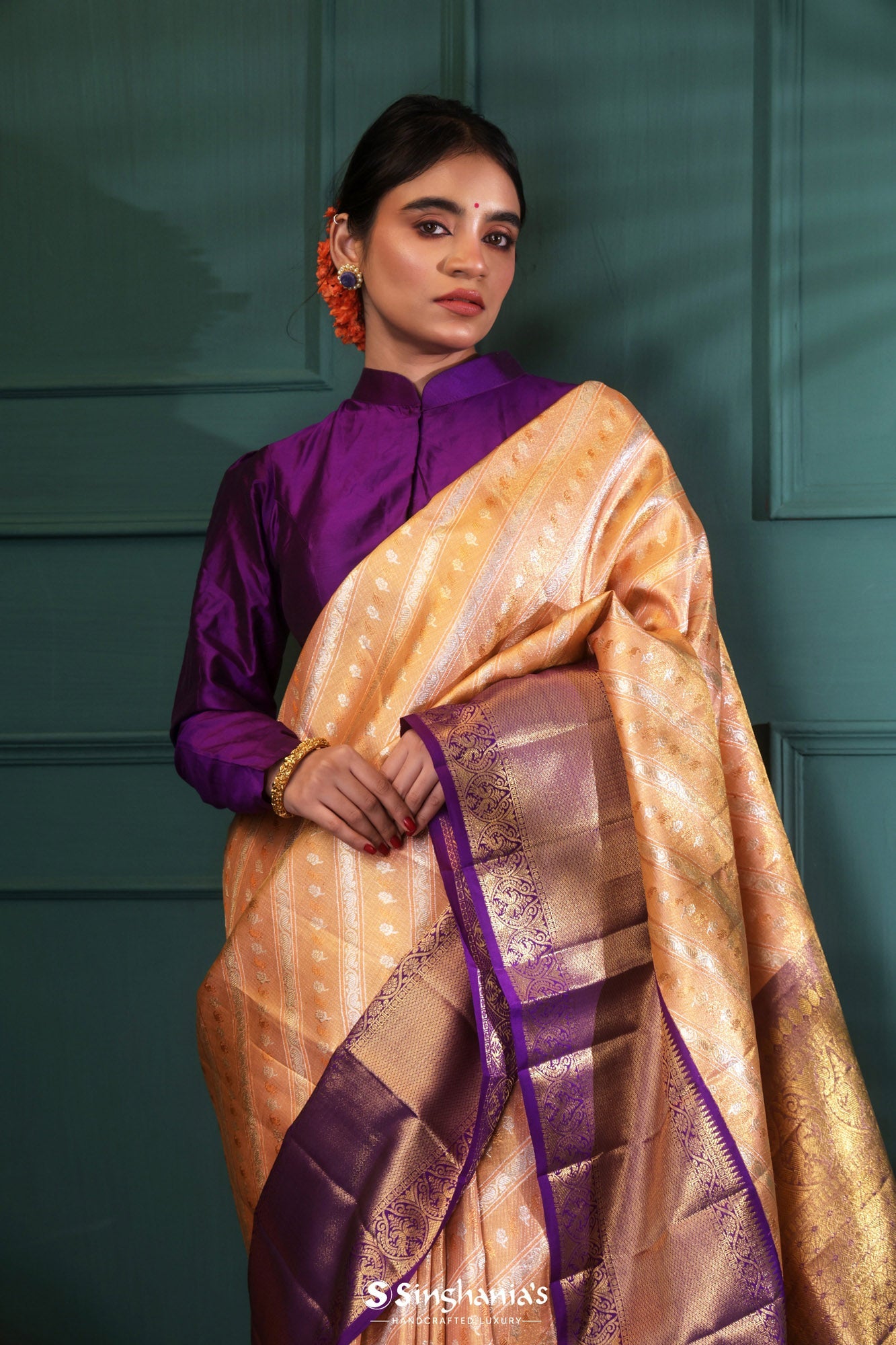 Apricot Peach Kanjivaram Silk Saree With Floral Stripes Pattern