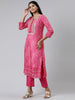 Neeru's Pink Regular Calf Length Printed Kurta Solid Trousers With Dupatta