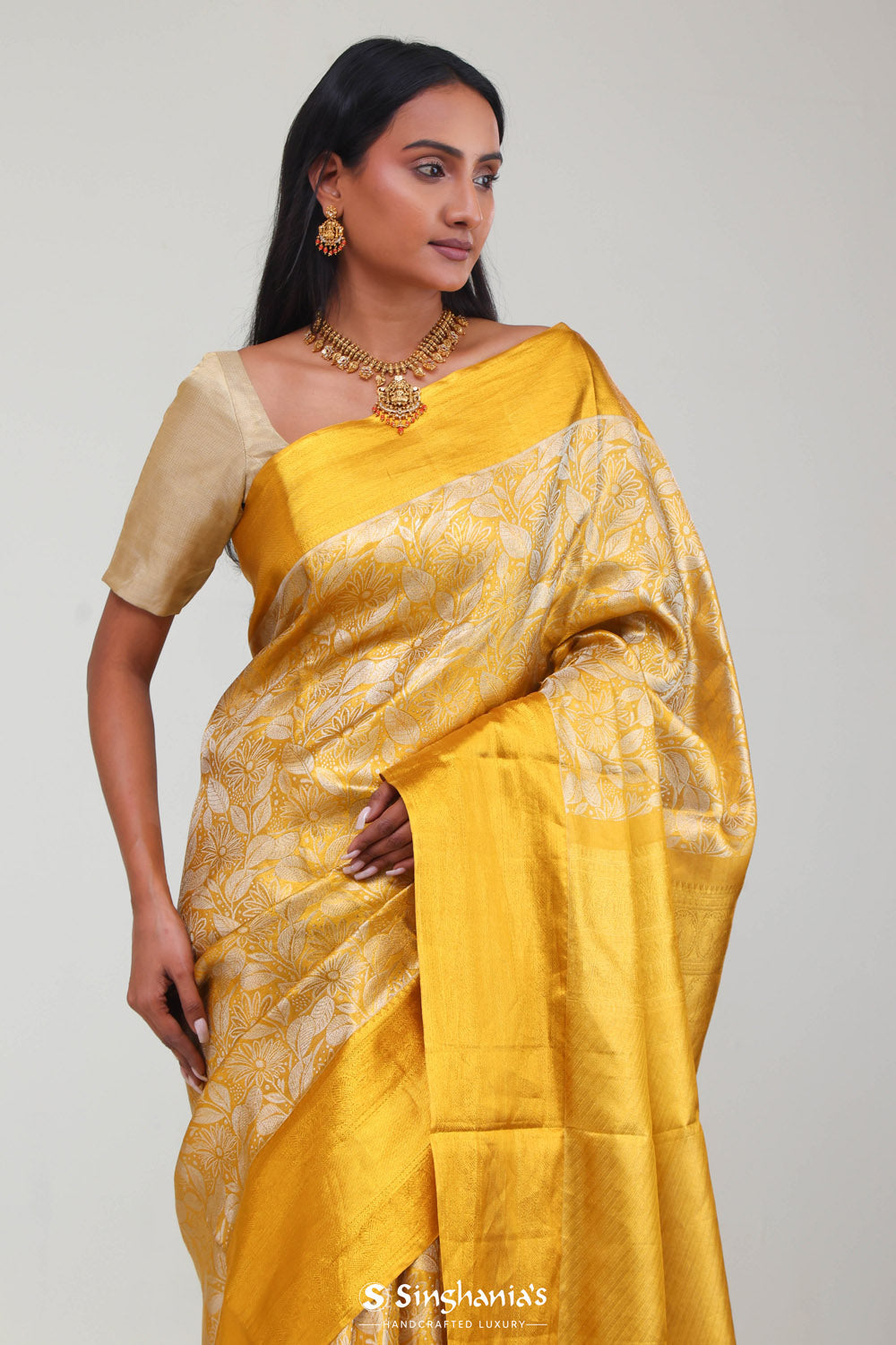 Bright Gold Kanjivaram Silk Jaal Saree