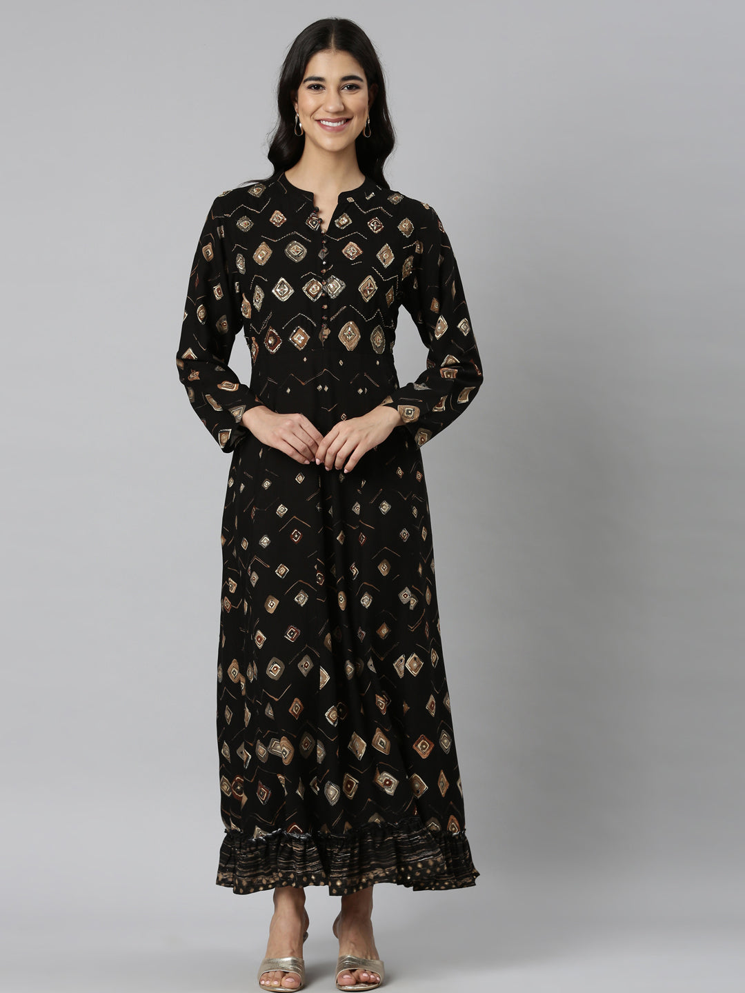 Neerus Black Casual Maxi Ethnic Motifs Dresses