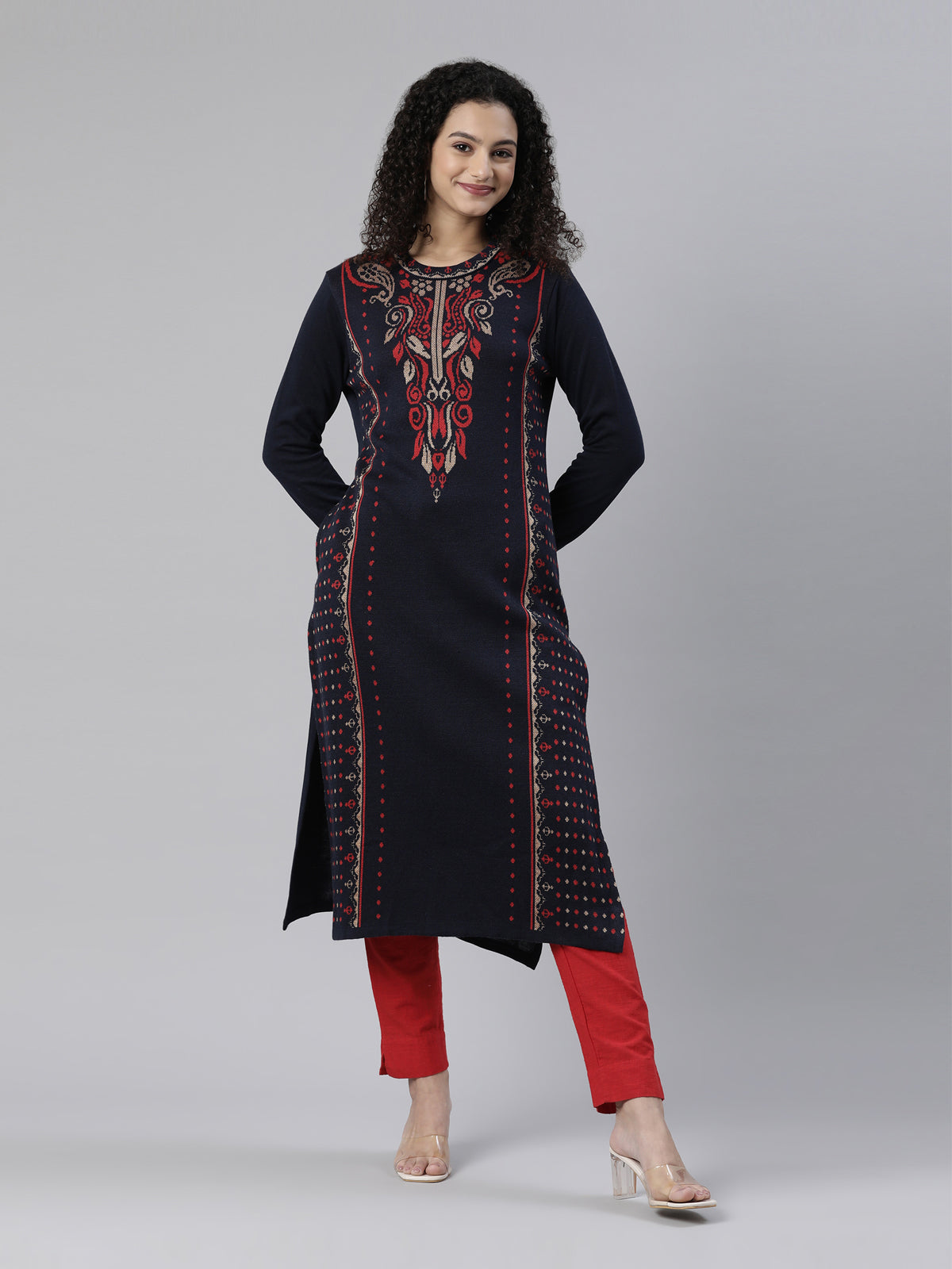 Neeru's Winter Wear Navy Blue Ethnic Motifs Acrylic Kurta For Women